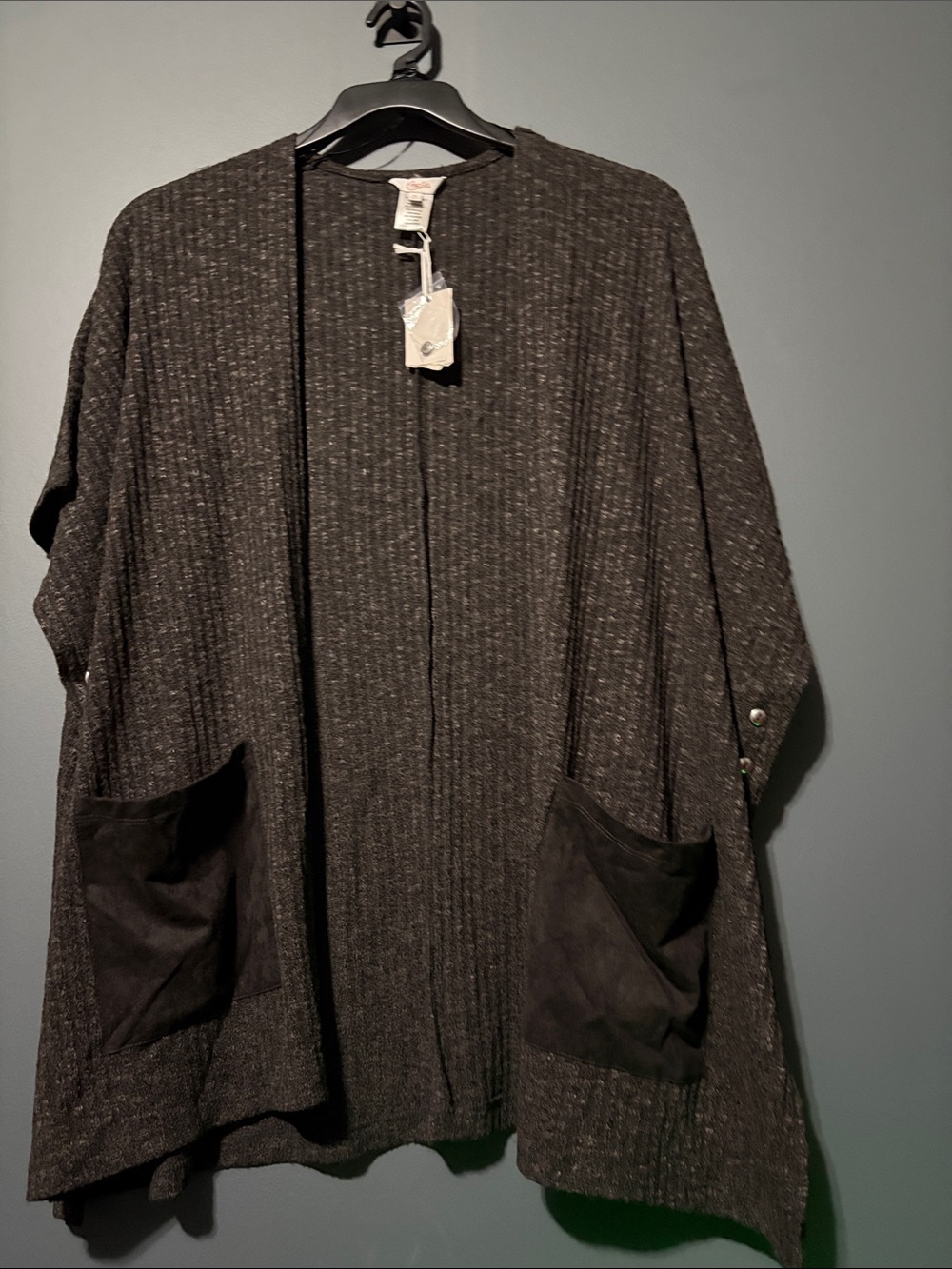 Candie's Charcoal Open-Front Knit Cardigan/Poncho with Pocket Panels